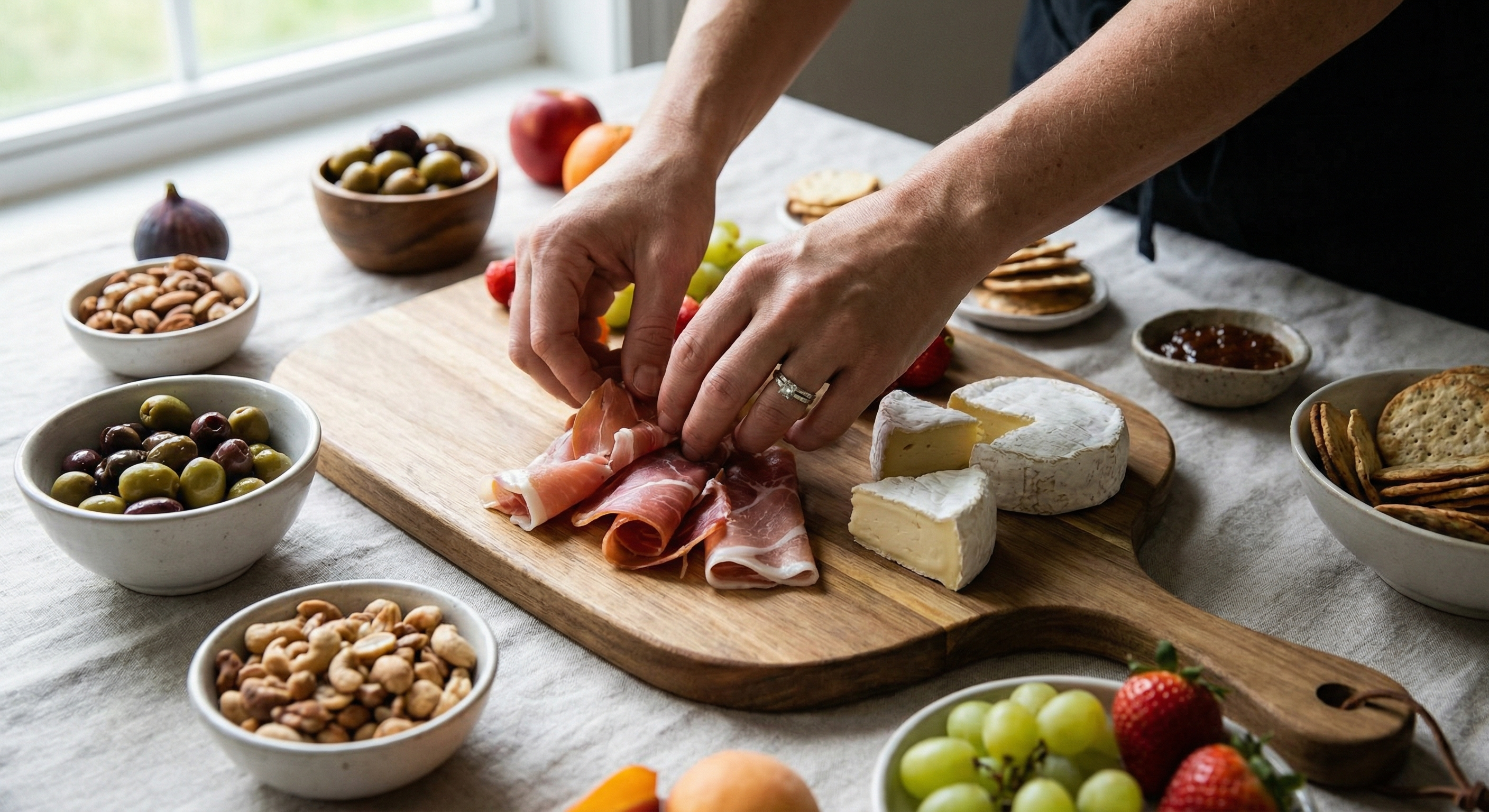 Hands arranging items on a charcuterie board showing the building process