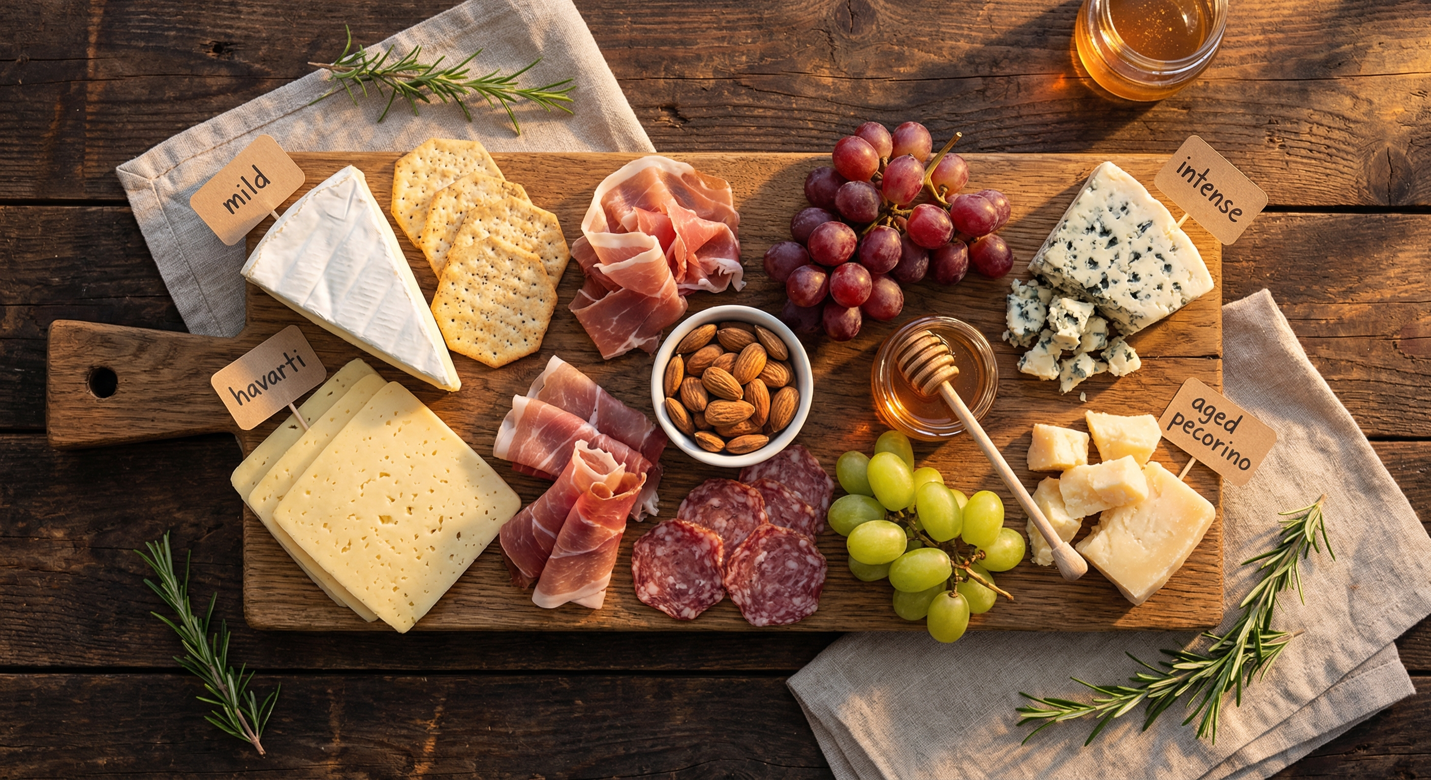 Strategic cheese pairing arrangement on charcuterie board