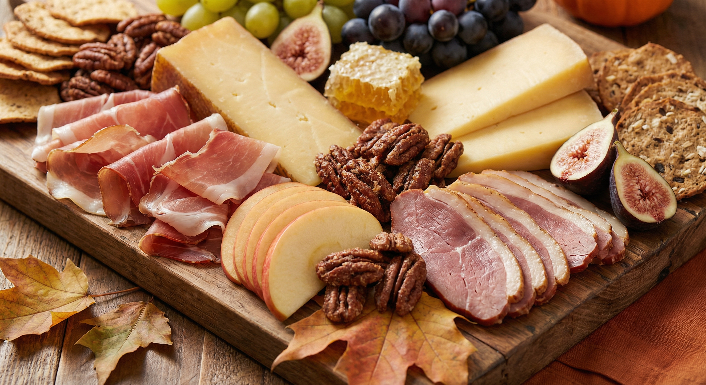 Fall harvest charcuterie board with autumn colors and seasonal ingredients