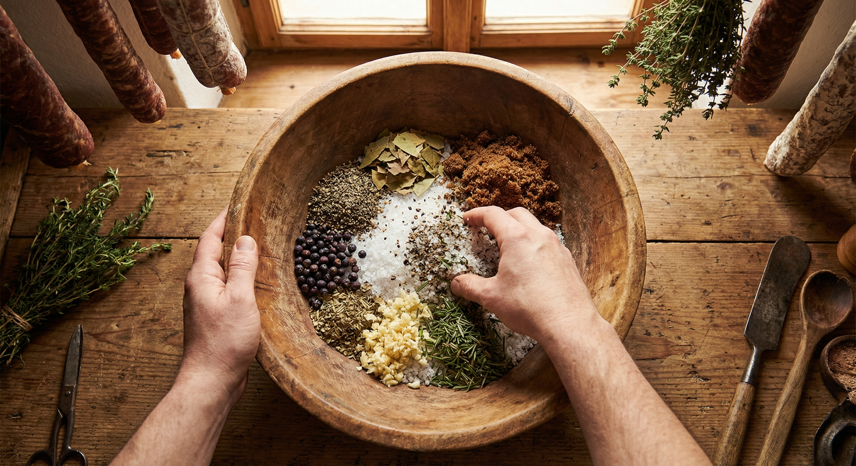 Traditional bresaola curing spice blend being mixed in rustic wooden bowl