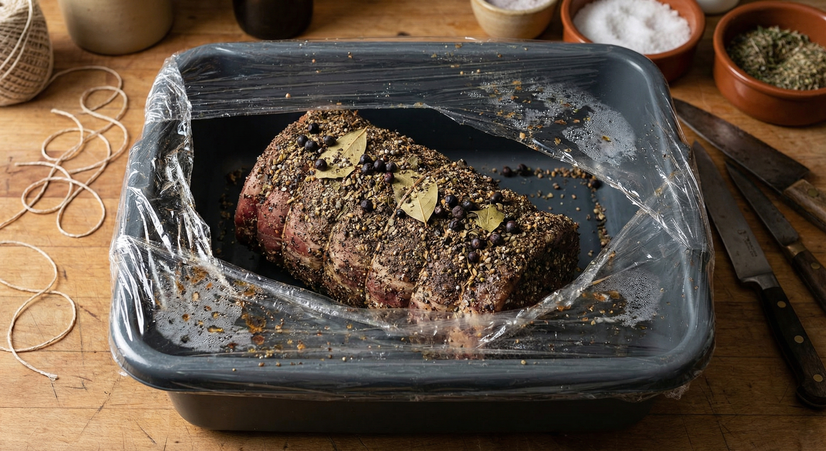 Beef eye of round coated in curing spices in container, showing the curing stage of bresaola making
