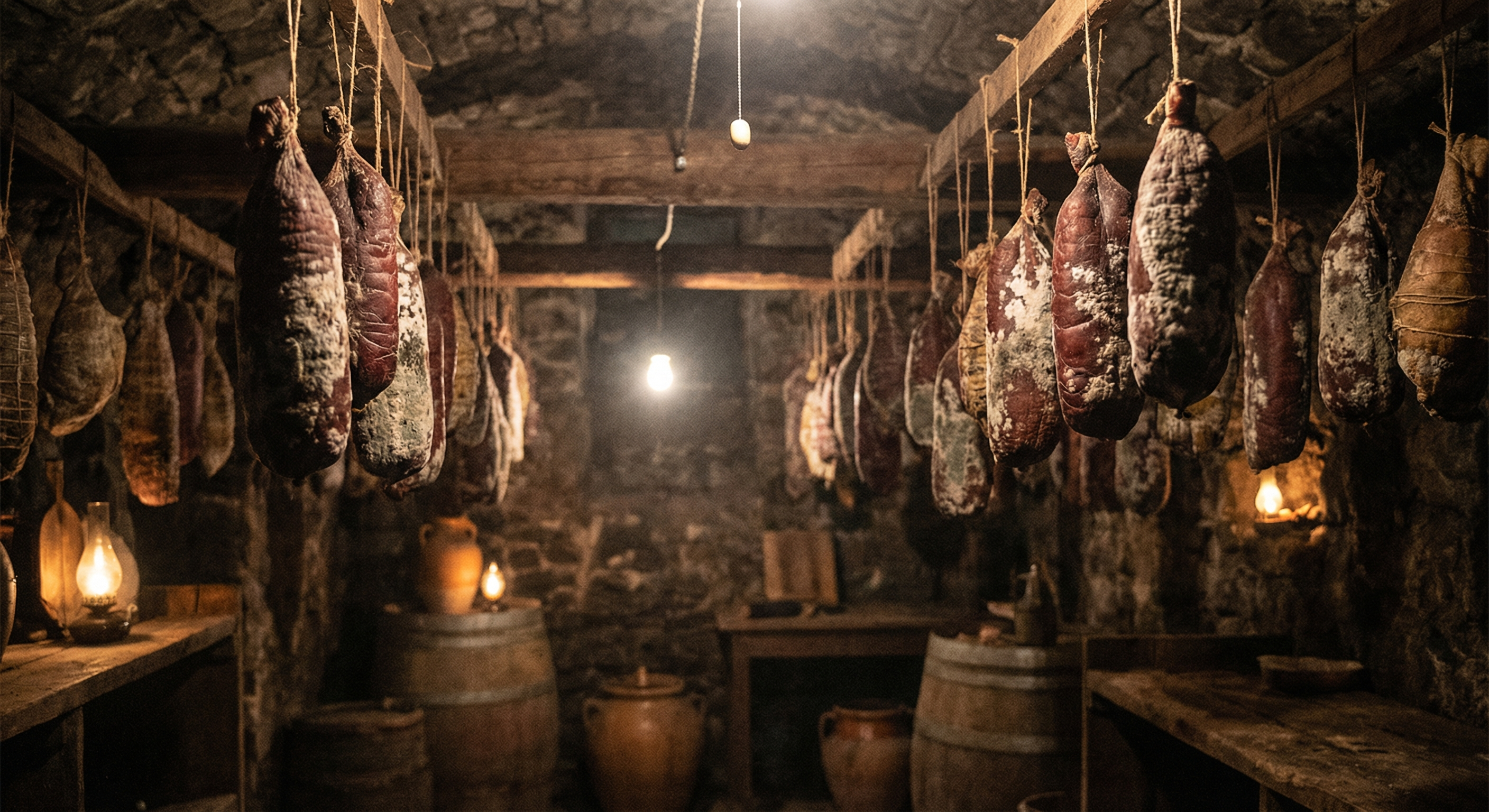 Bresaola hanging in a curing chamber, dark exterior with characteristic appearance