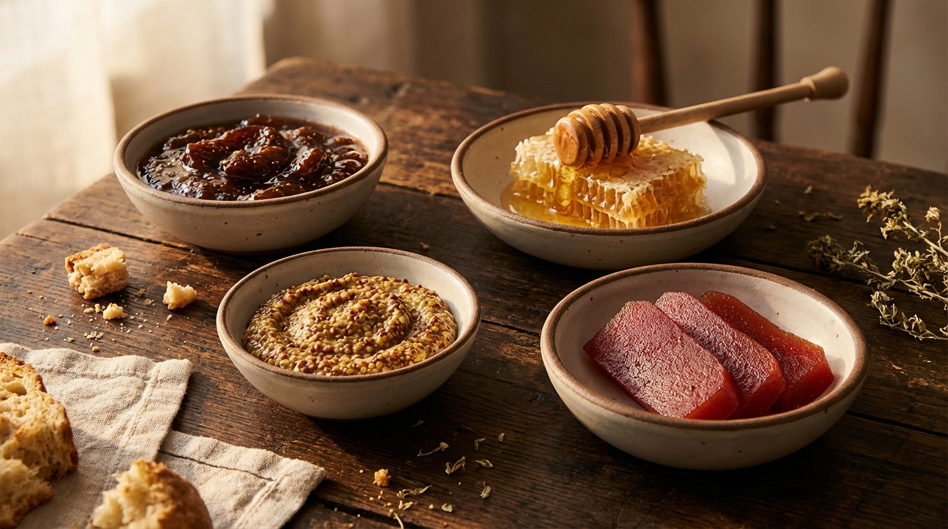 Small ceramic bowls of fig jam, raw honeycomb, whole grain mustard, and quince paste for charcuterie