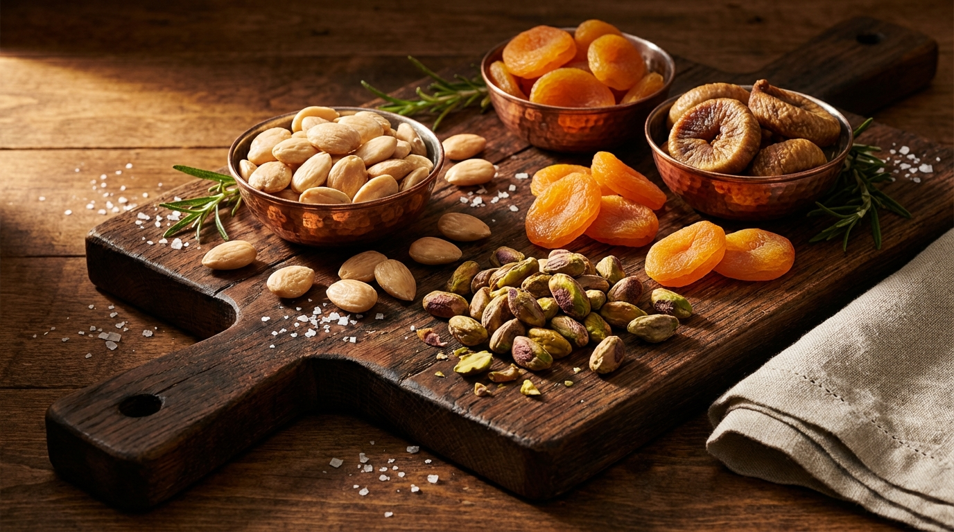 Marcona almonds, roasted pistachios, dried apricots, and dried figs on dark wooden board