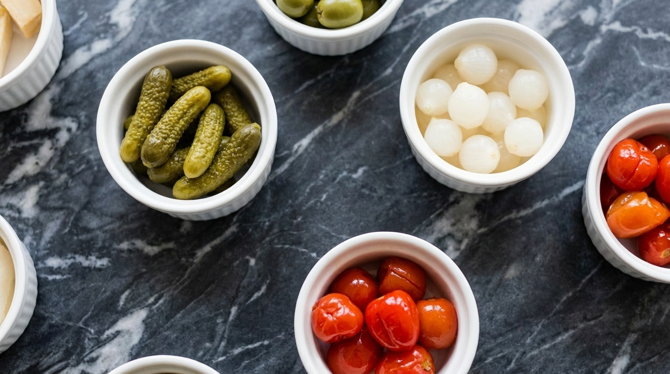 Cornichons, castelvetrano olives, pickled pearl onions, and peppadew peppers in white ramekins