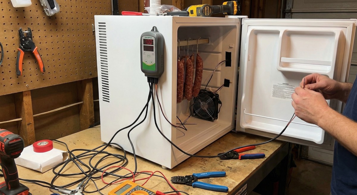 Mini fridge curing chamber conversion in progress showing controller installation