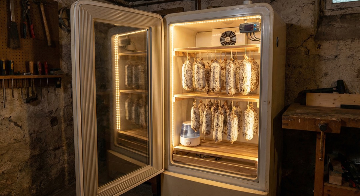 A completed DIY curing chamber with coppa and bresaola hanging inside