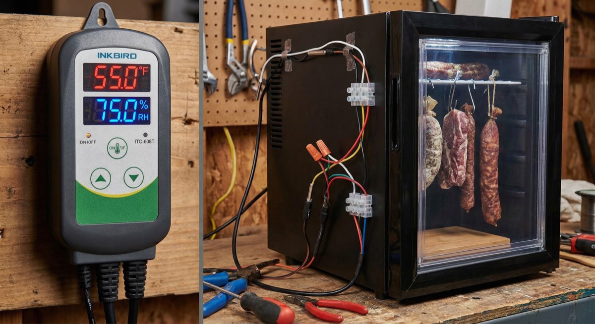 Inkbird temperature controller wired to a mini fridge curing chamber