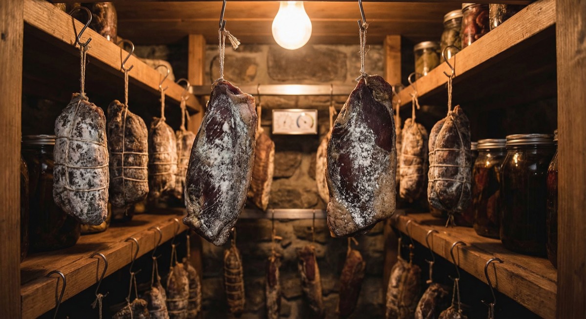 Duck breast prosciutto and coppa hanging in a curing chamber