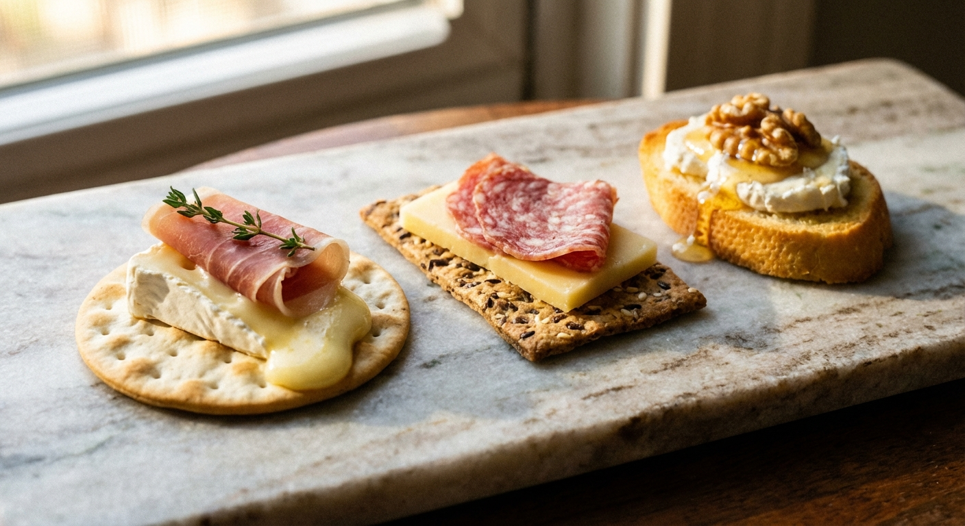 Close-up of water crackers, seeded crackers, and crostini each topped with different cheese and cured meat pairings