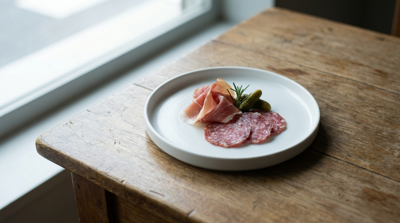 Individual charcuterie portion showing 2 ounces of assorted cured meats on a small plate
