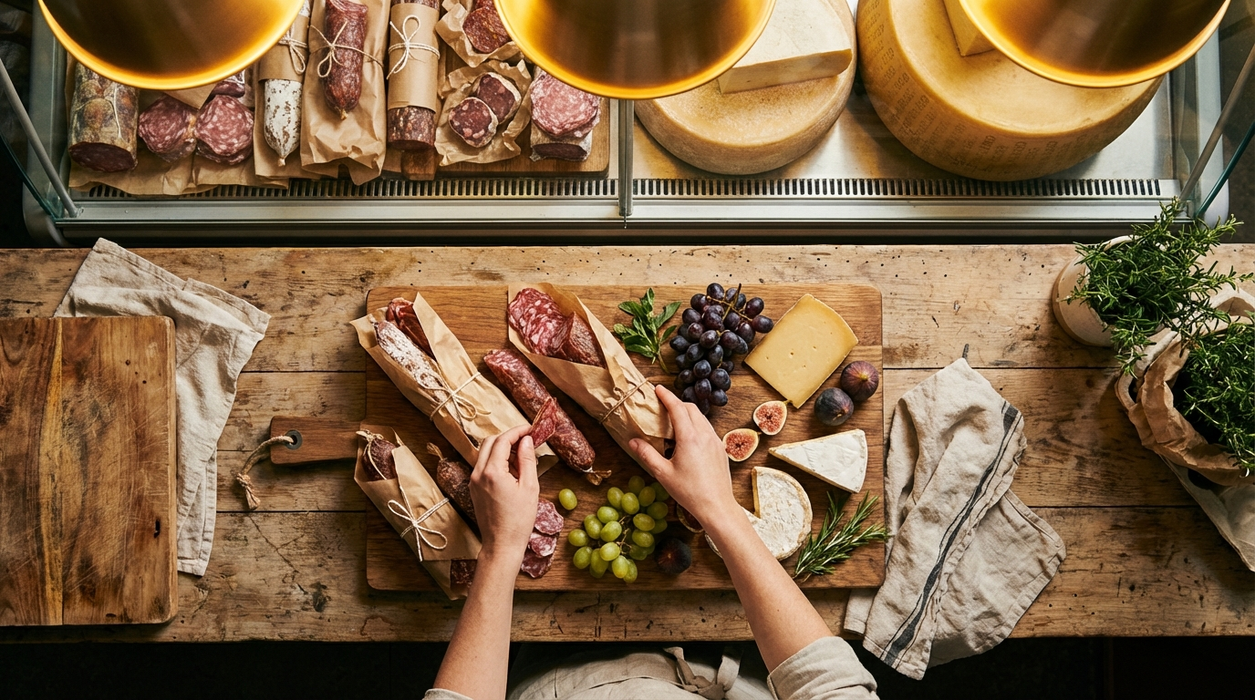 Overhead view of deli counter packages of cured meats and cheeses organized for charcuterie board shopping
