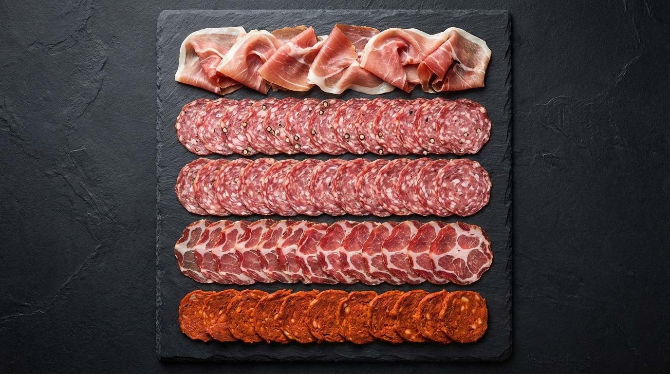 Five different cured meats arranged in rows showing variety from prosciutto to salami to coppa