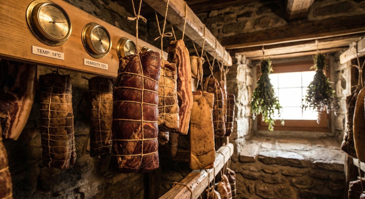 Home-cured bresaola and pancetta hanging in a curing chamber with temperature and humidity gauges