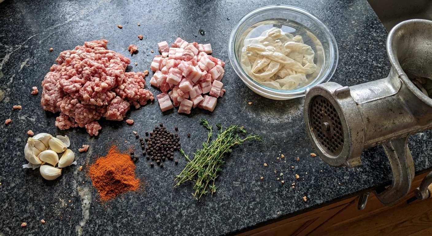 Andouille sausage ingredients on a dark countertop including coarse-ground pork, garlic, cayenne, and natural hog casings