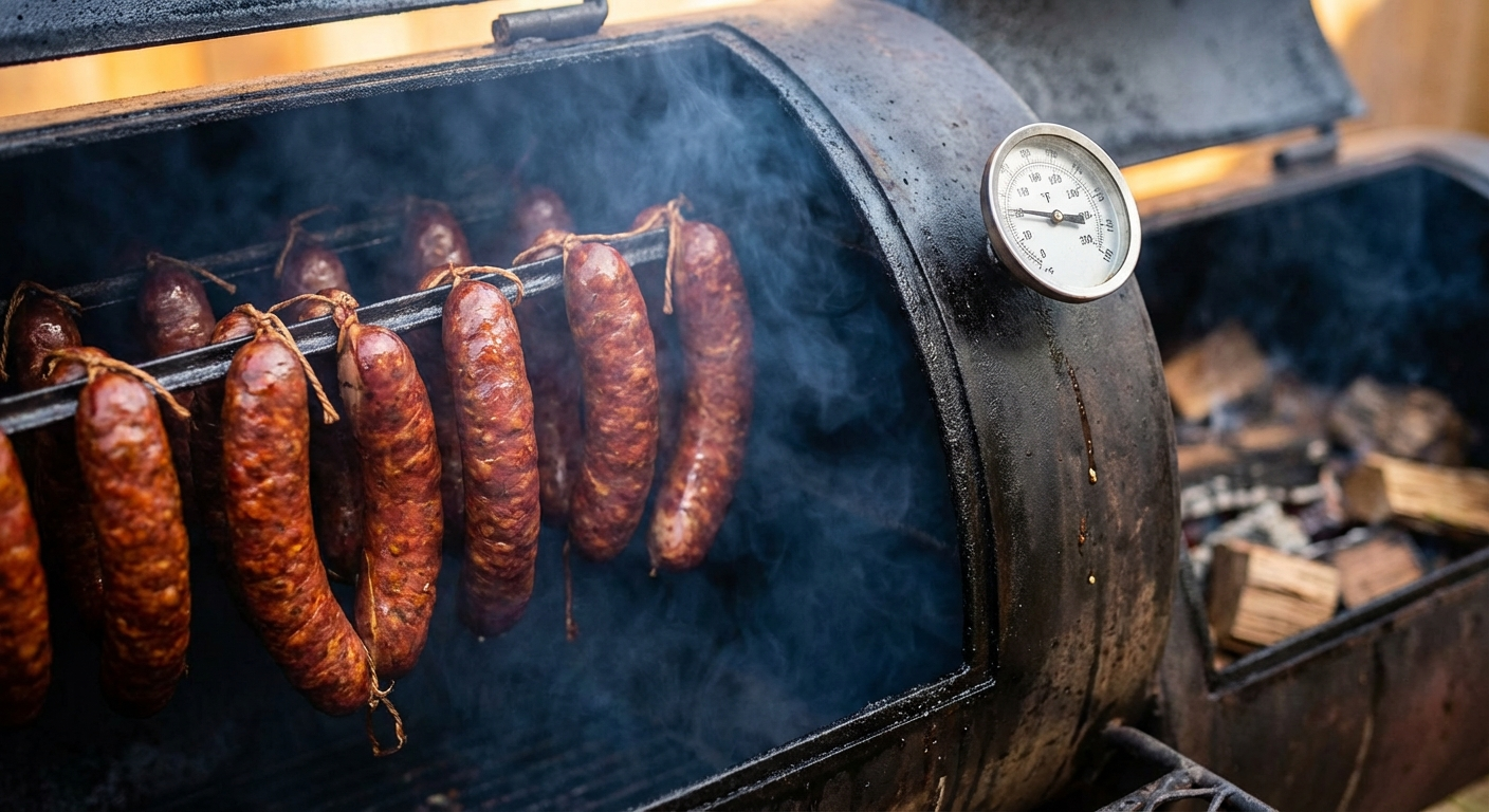 Andouille sausage links hanging inside a smoker surrounded by wisps of pecan wood smoke