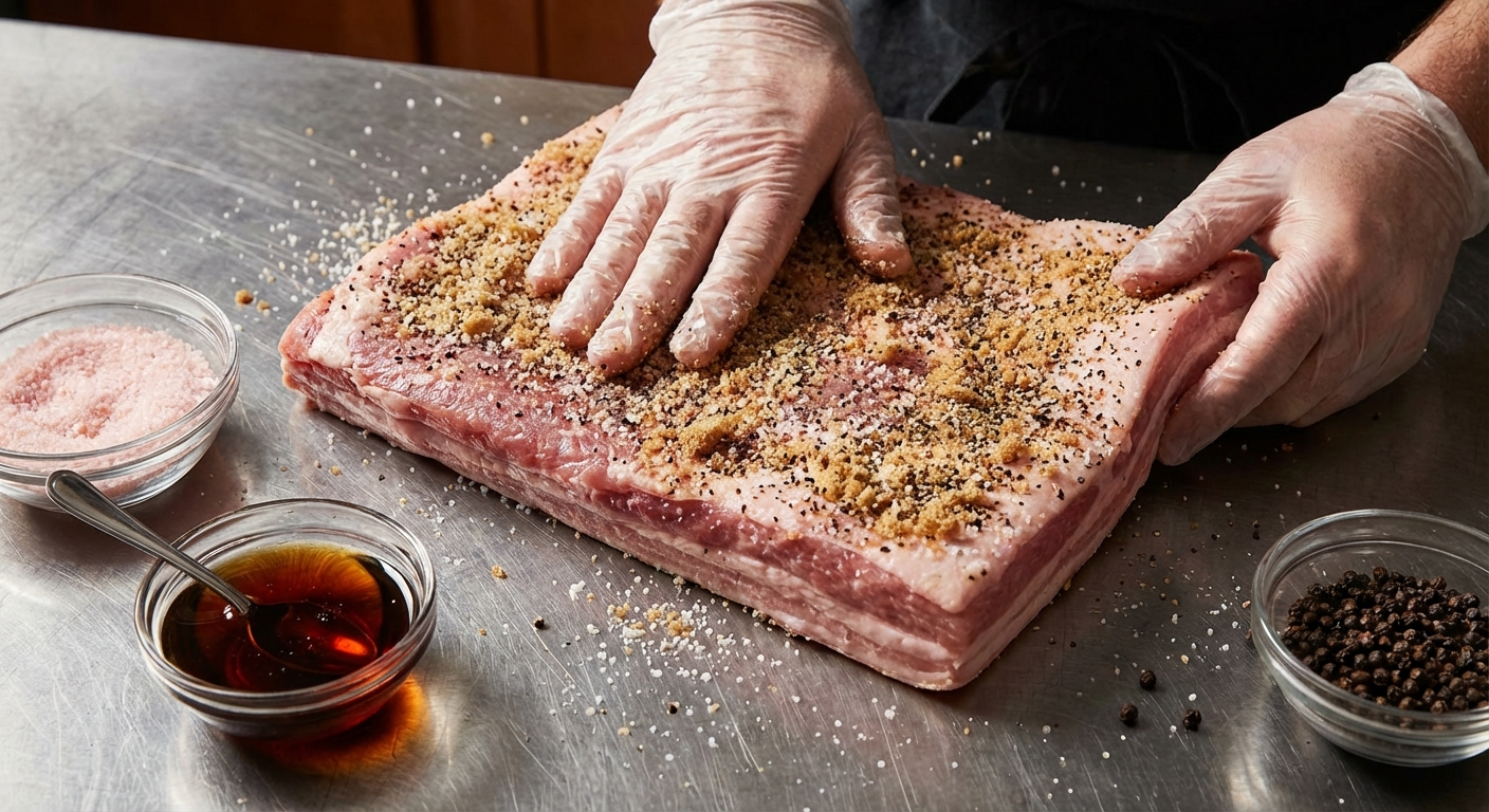 Pork belly being rubbed with curing salt mixture showing kosher salt, brown sugar, and black pepper cure