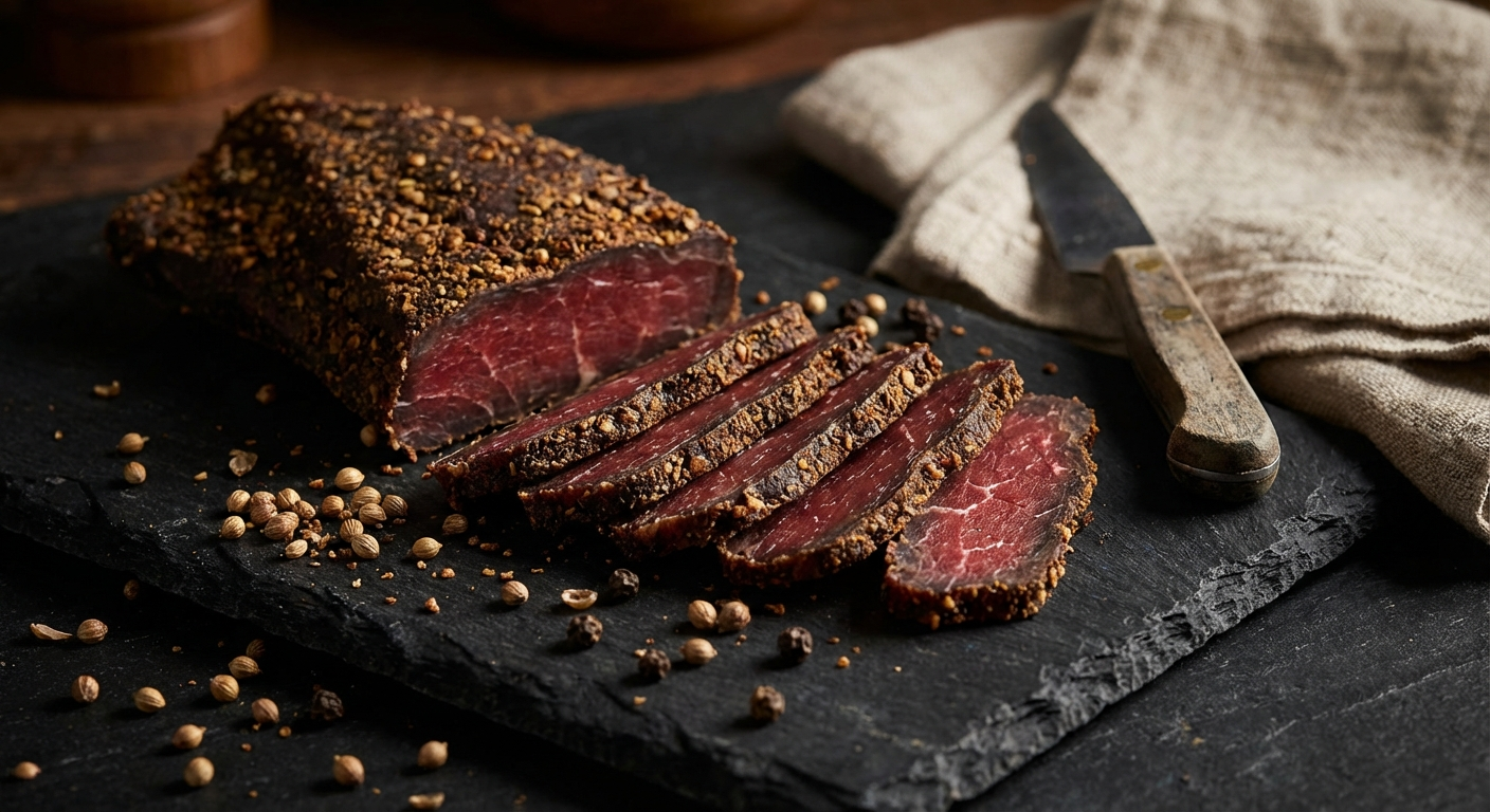 Sliced biltong on a dark slate cutting board showing deep red dried meat interior with coriander spice crust