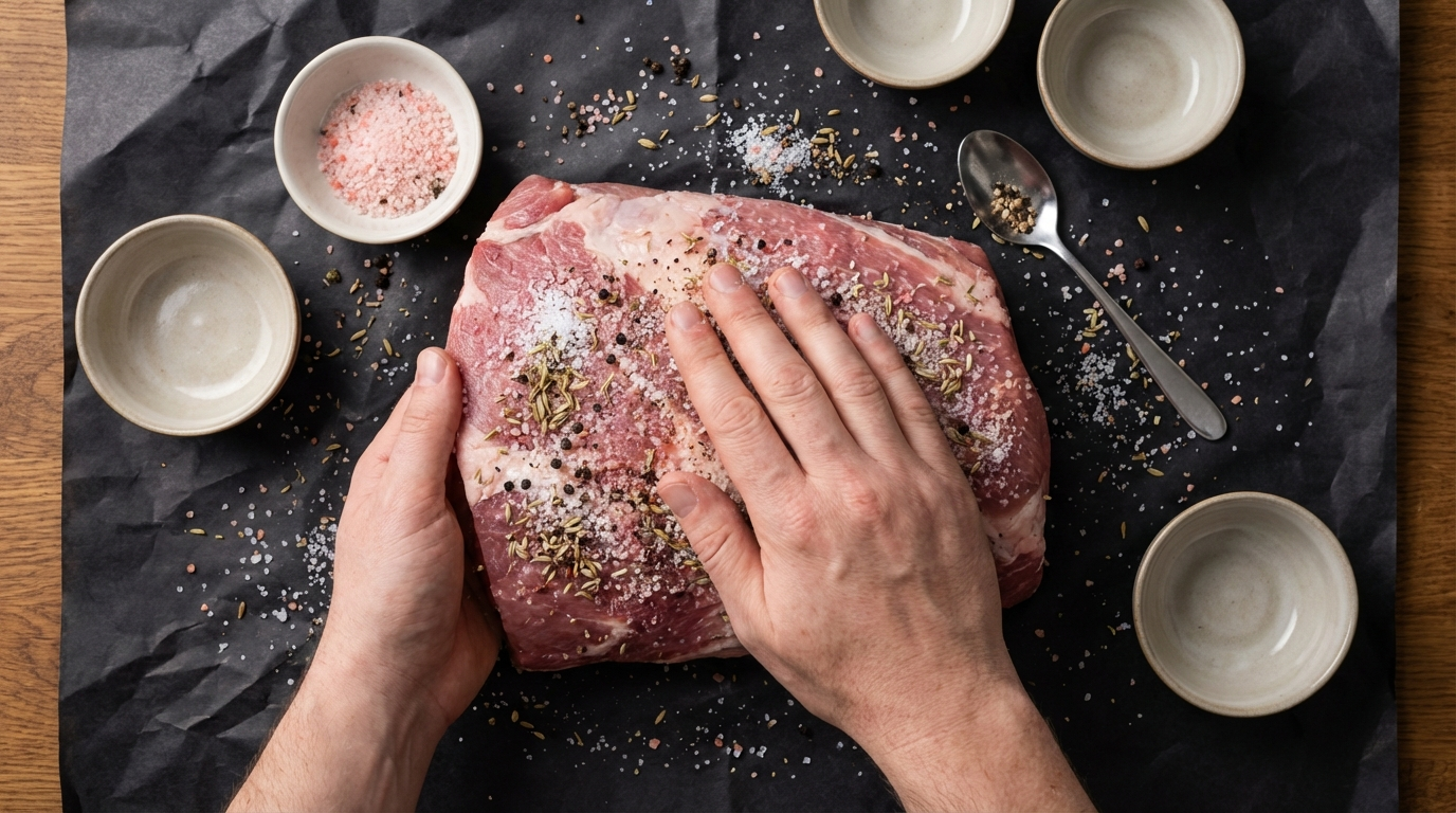 Dry cure mixture of salt and spices being applied to raw coppa muscle on butcher paper