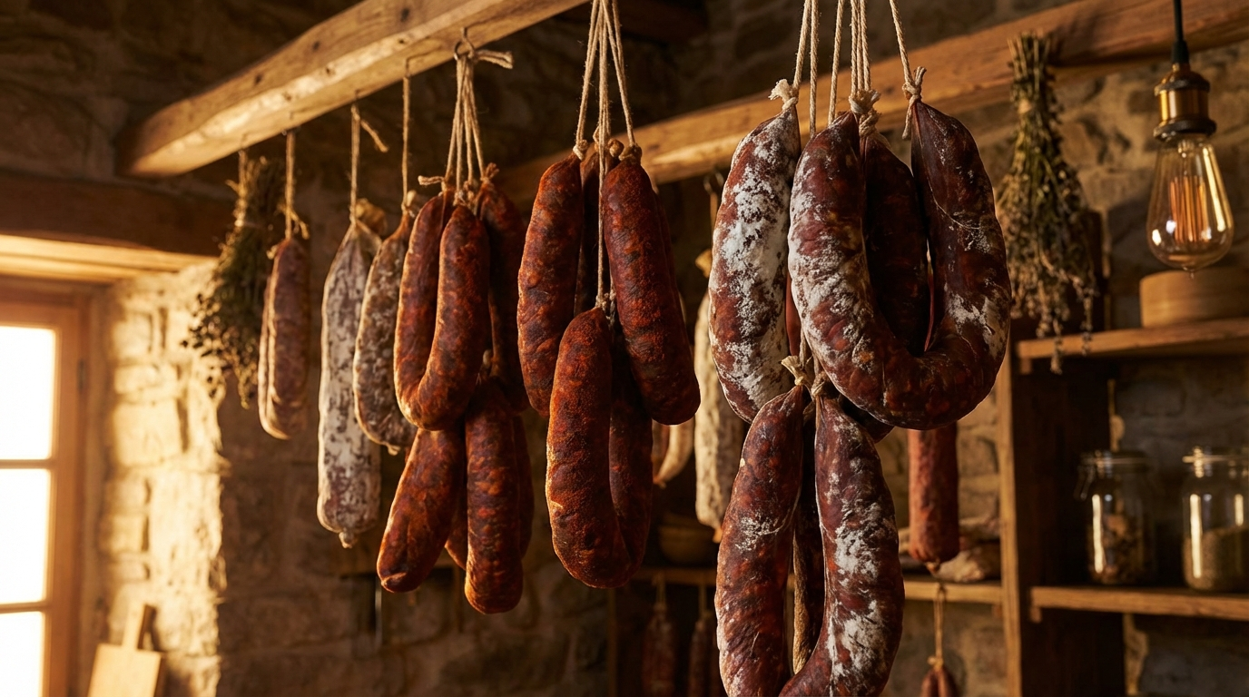 Dry-cured chorizo sausages hanging from wooden rack in a curing chamber with white mold bloom on surface