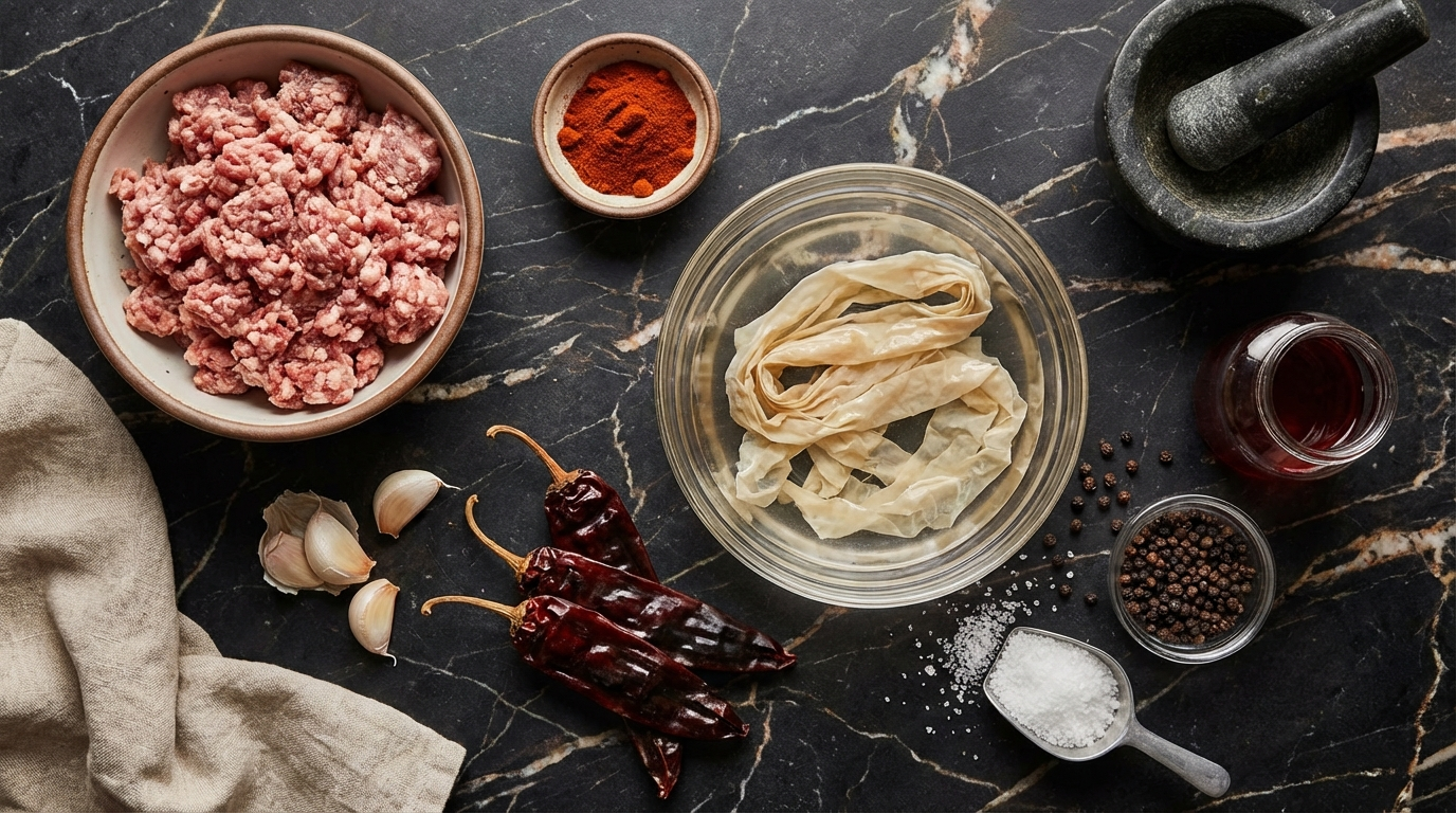 Flat lay of chorizo-making ingredients including ground pork, smoked paprika, garlic, and dried chili peppers
