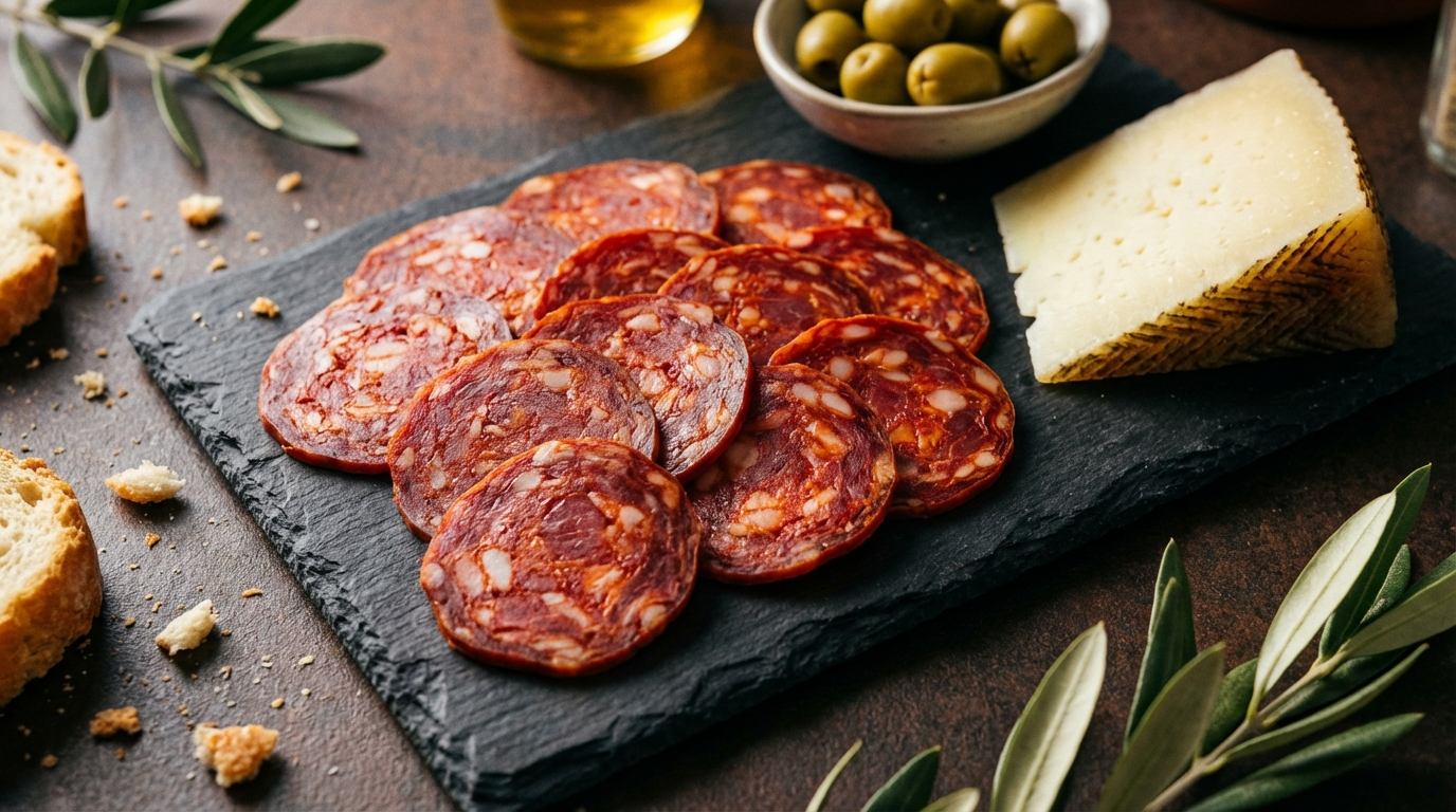 Thin-sliced dry-cured Spanish chorizo on dark slate with manchego cheese and green olives