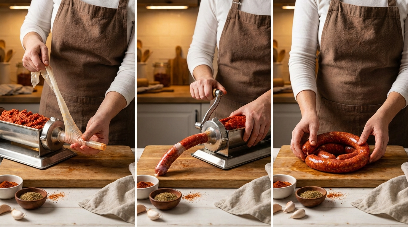 Hands stuffing paprika-seasoned pork into natural hog casings using a sausage stuffer