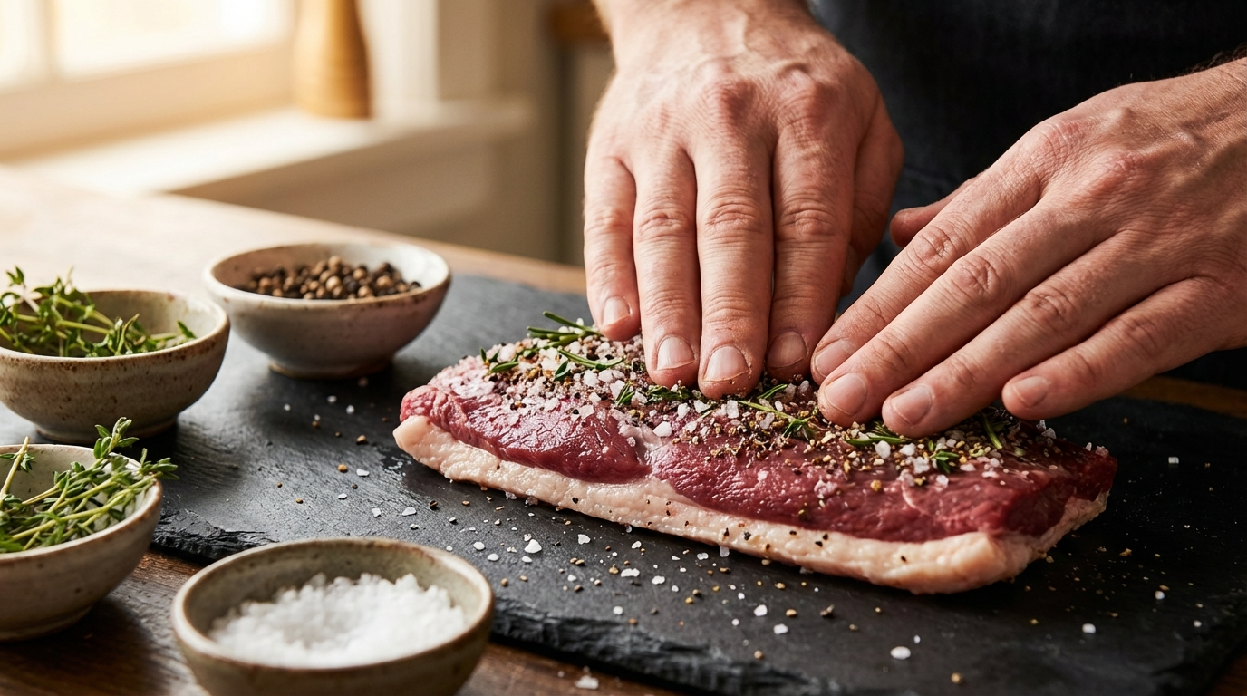 Raw duck breast being coated in coarse salt and cracked pepper cure on dark slate