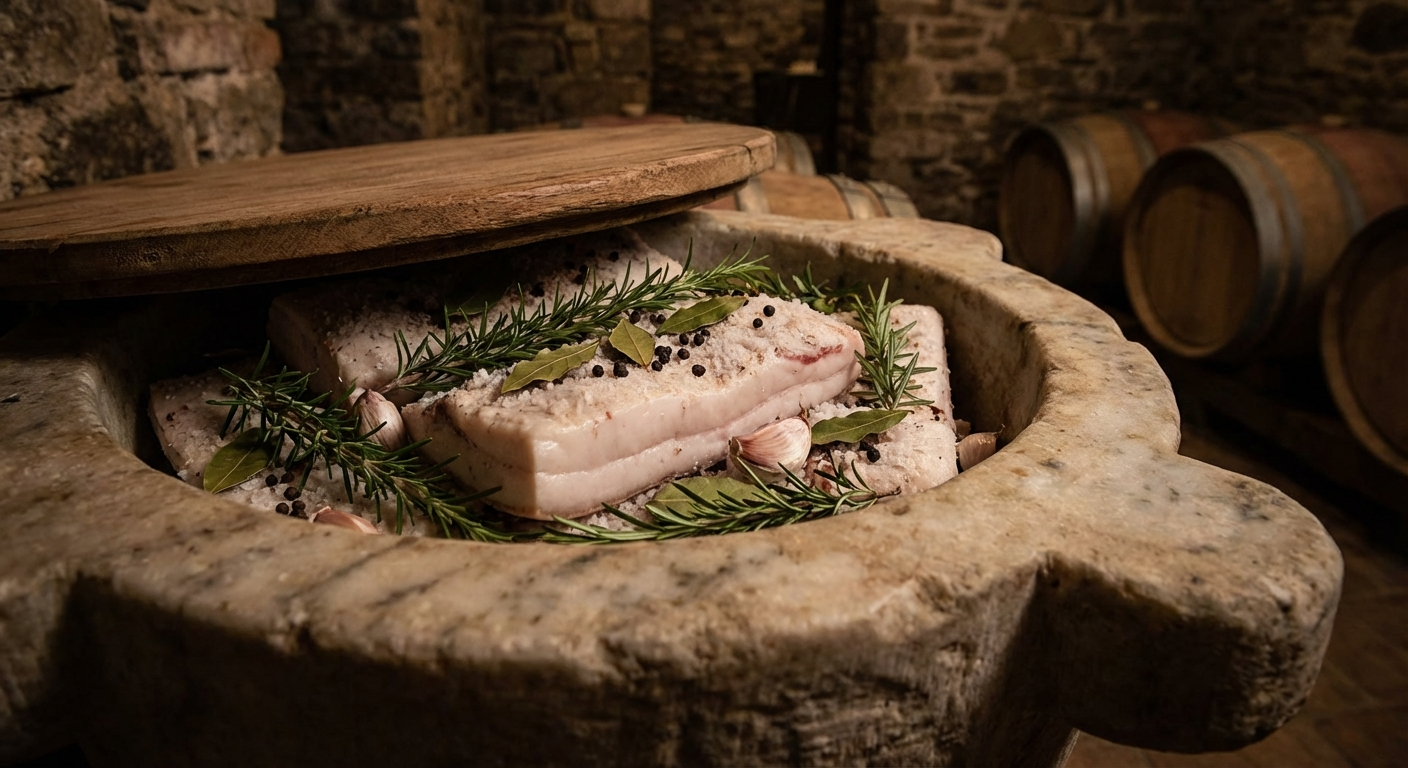 Pork fatback layered with salt and herbs inside a traditional curing vessel for lardo