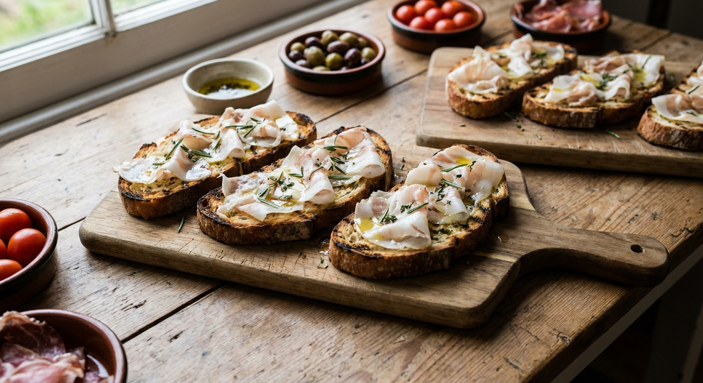 Paper-thin slices of lardo draped over warm crusty bruschetta with fresh herbs