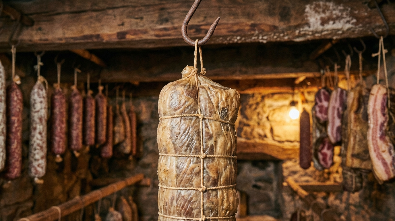 Cured pork loin wrapped in natural casing hanging from hook in home curing chamber