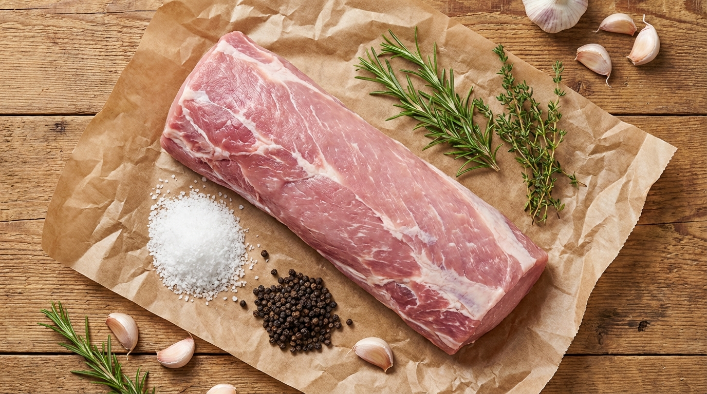 Fresh whole pork loin with curing salt, black pepper, rosemary and spices on butcher paper