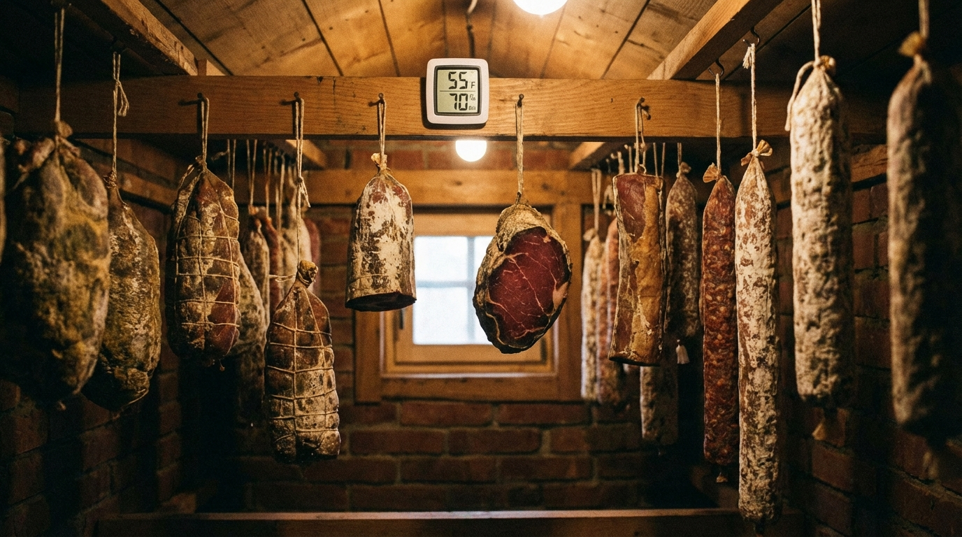 Digital hygrometer showing temperature and humidity readings inside home curing chamber with hanging salumi