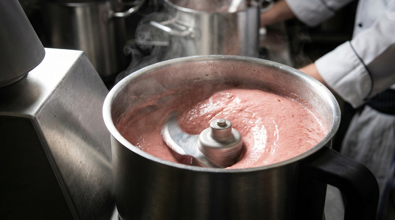 Smooth pink pork emulsion being processed in a food processor for homemade mortadella