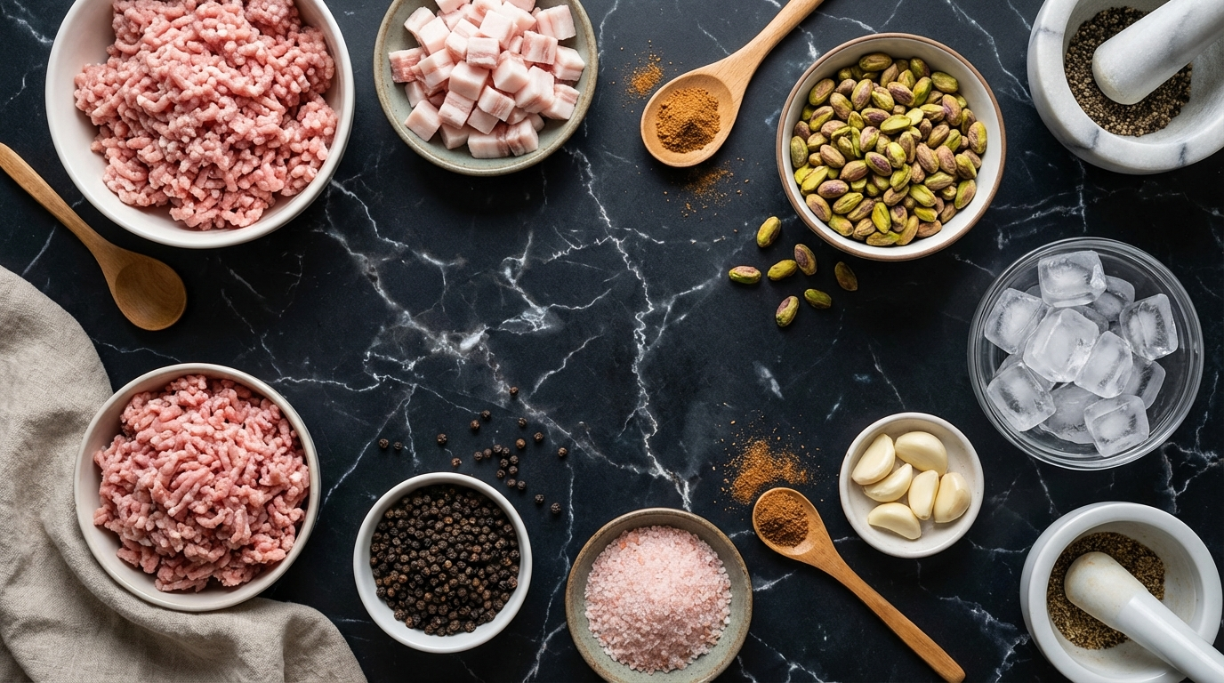 Flat-lay of mortadella ingredients including ground pork, back fat cubes, pistachios, peppercorns, and curing salt on dark marble