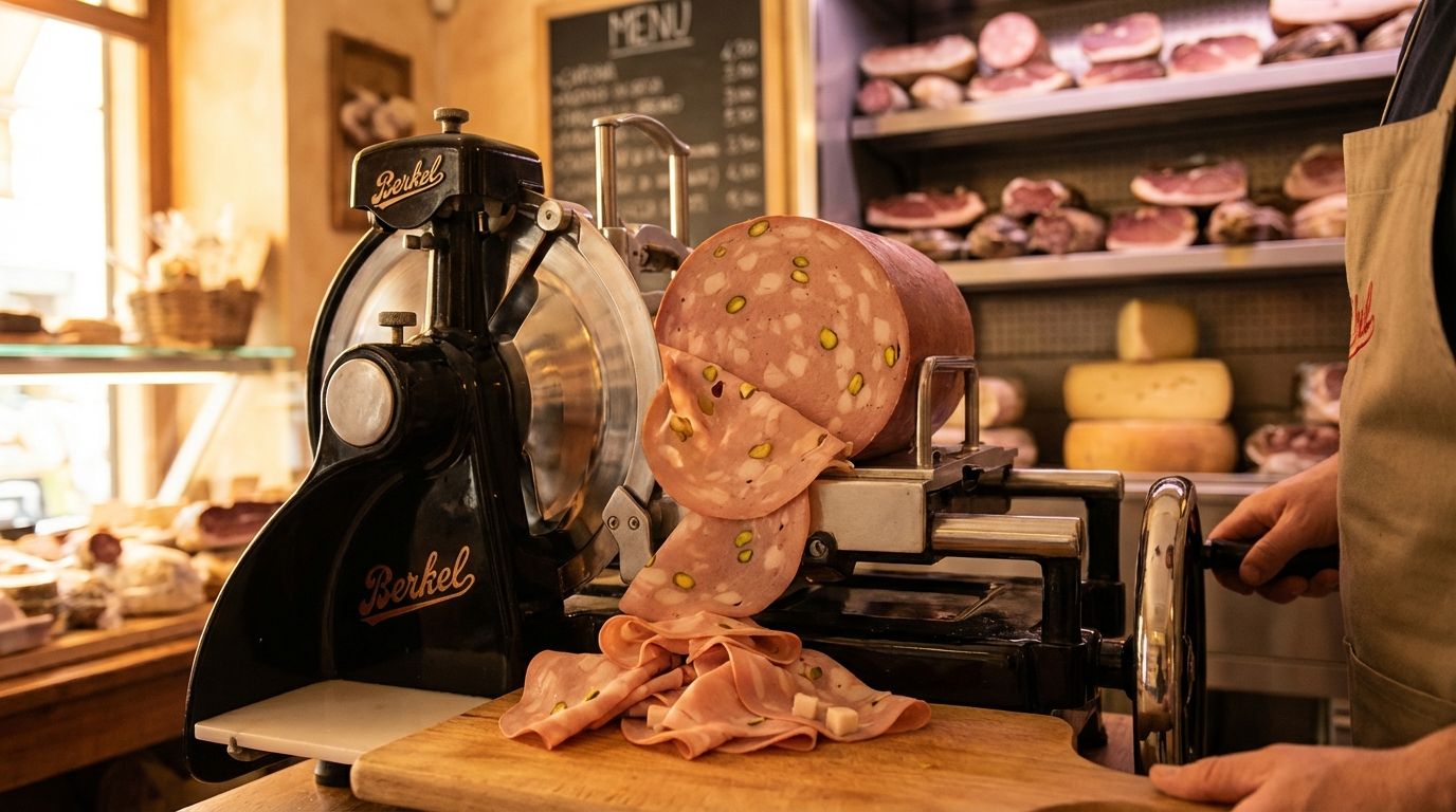 Homemade mortadella being sliced thin on a vintage deli slicer showing pistachios and fat cube pattern