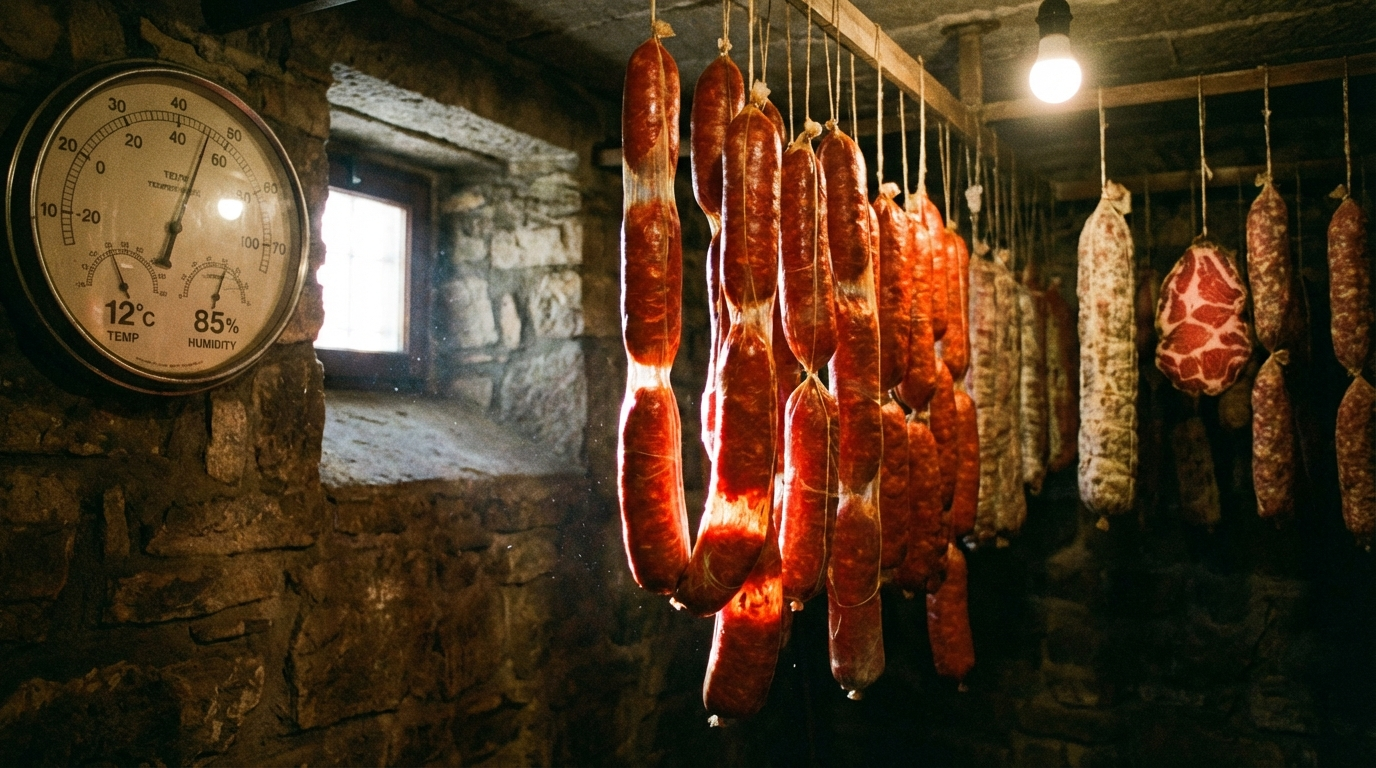 Nduja sausages hanging in a curing chamber alongside Italian salumi showing bright red color through casings
