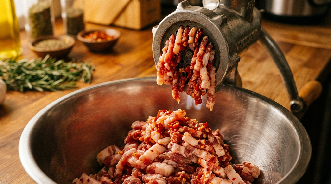 Pork belly and jowl being ground through meat grinder with Calabrian chili peppers into stainless steel bowl