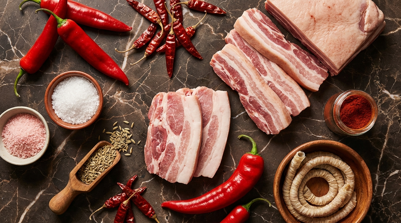 Flat-lay of nduja ingredients including Calabrian chilies, pork belly, jowl, curing salt, and fennel seeds on dark marble