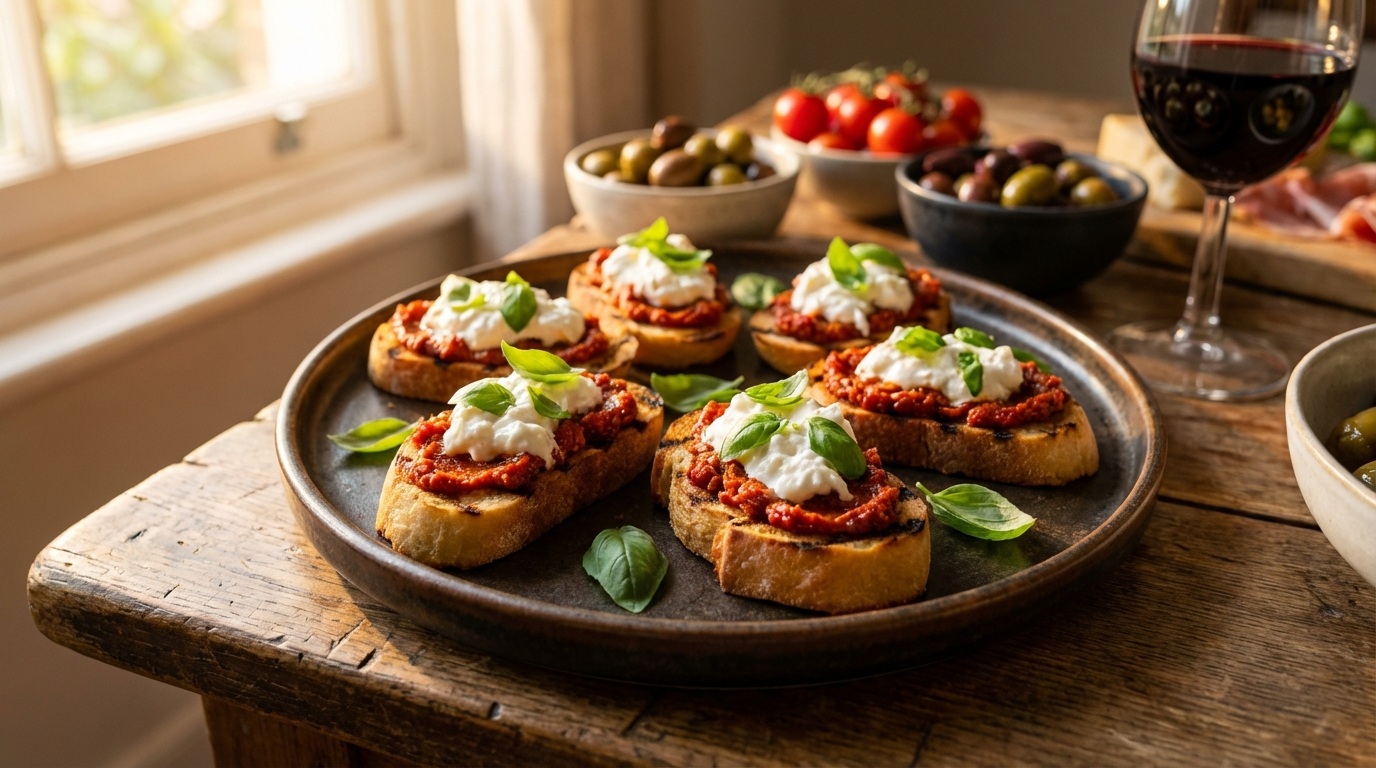 Nduja spread on grilled crostini with burrata and fresh basil on a dark plate