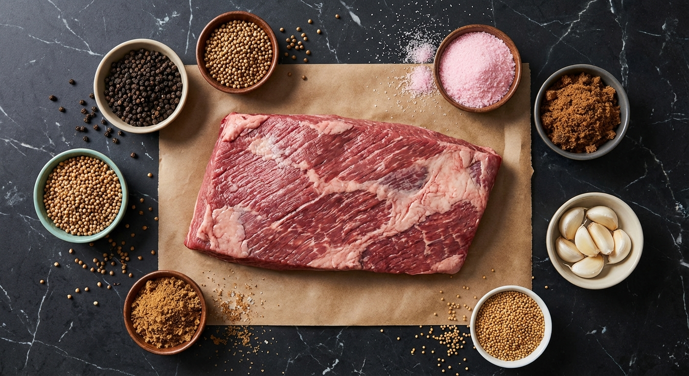 Flat-lay of pastrami ingredients including beef brisket flat, black peppercorns, coriander seeds, curing salt, brown sugar, and garlic on dark marble