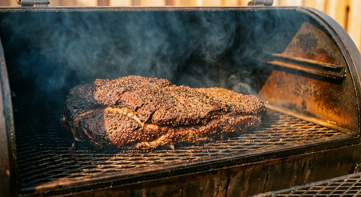 Pastrami with black pepper crust smoking on an offset smoker grate with wisps of hickory smoke
