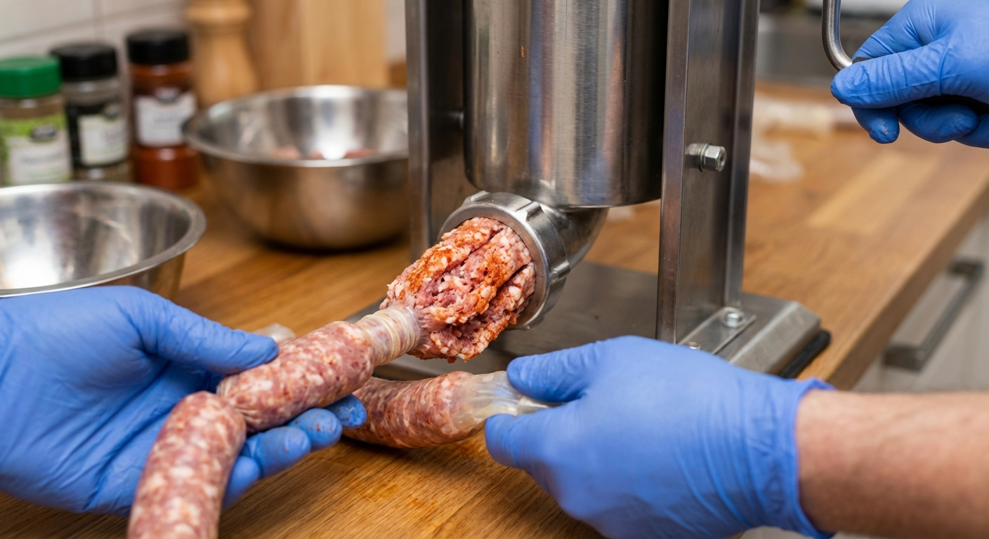Pepperoni sausage mixture being stuffed into natural casings with a vertical sausage stuffer