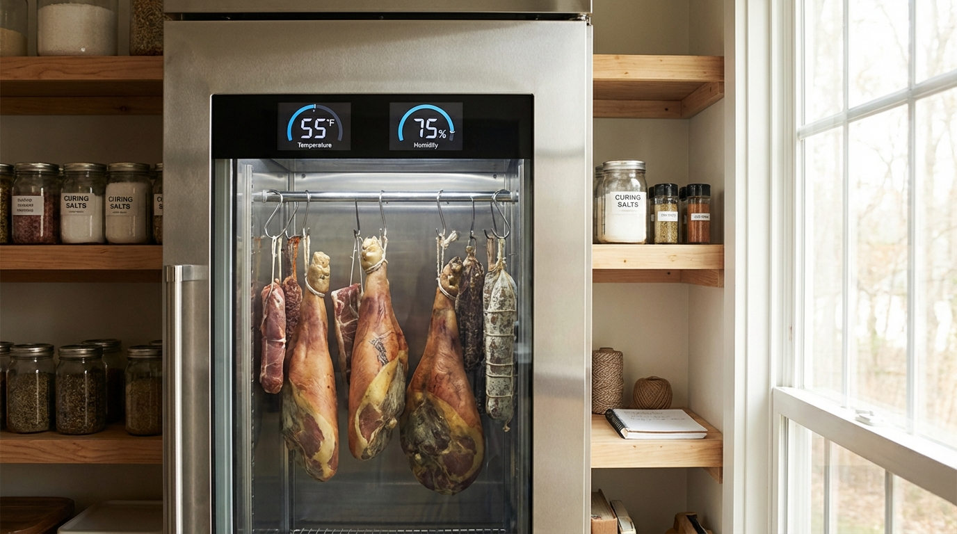 Home curing chamber setup with modified refrigerator showing temperature and humidity controls with hanging prosciutto