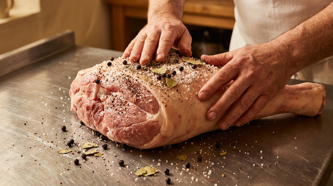 Hands massaging coarse salt cure into raw pork leg with juniper berries and bay leaves