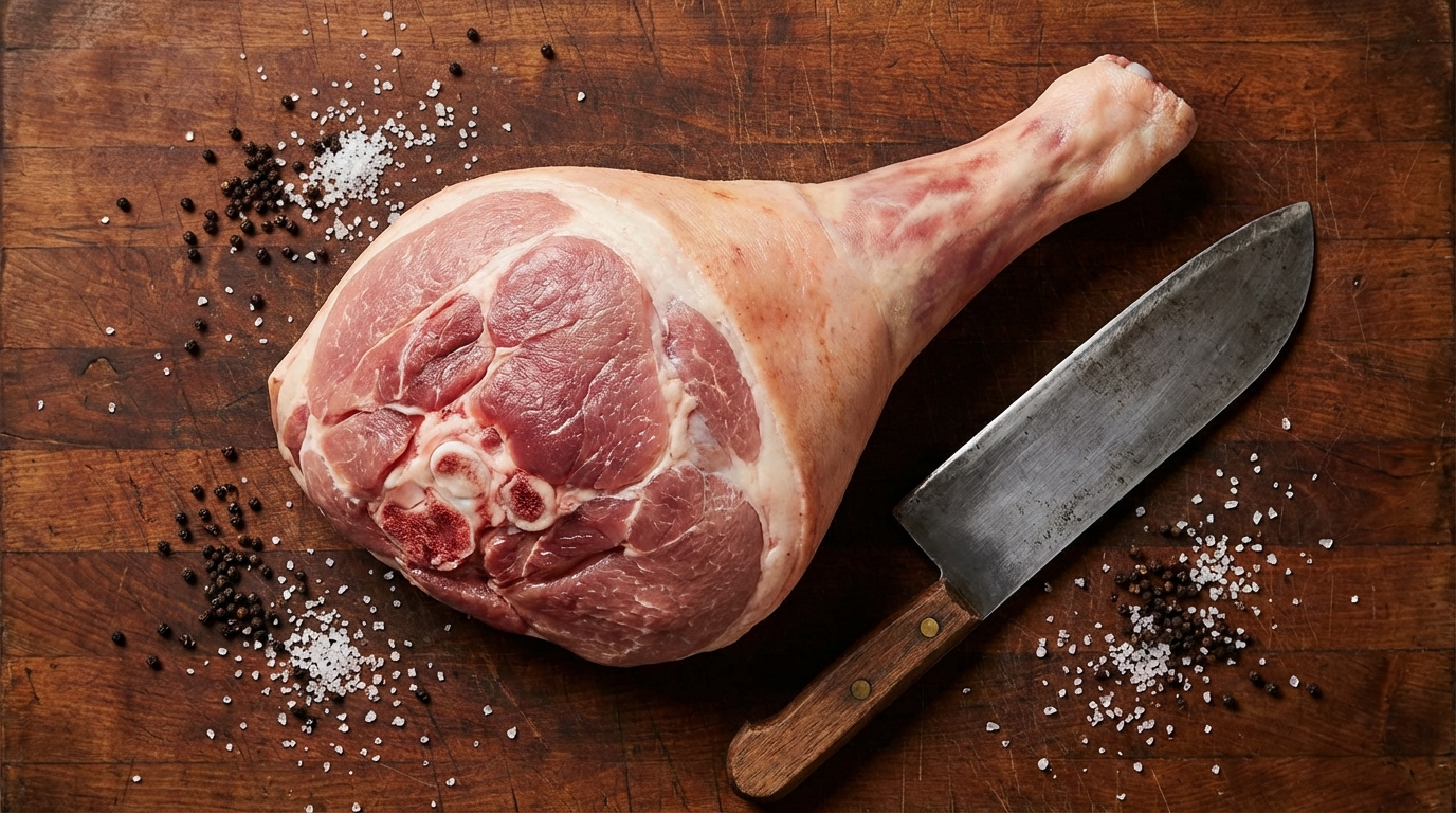 Fresh whole pork leg on butcher block with coarse sea salt and peppercorns