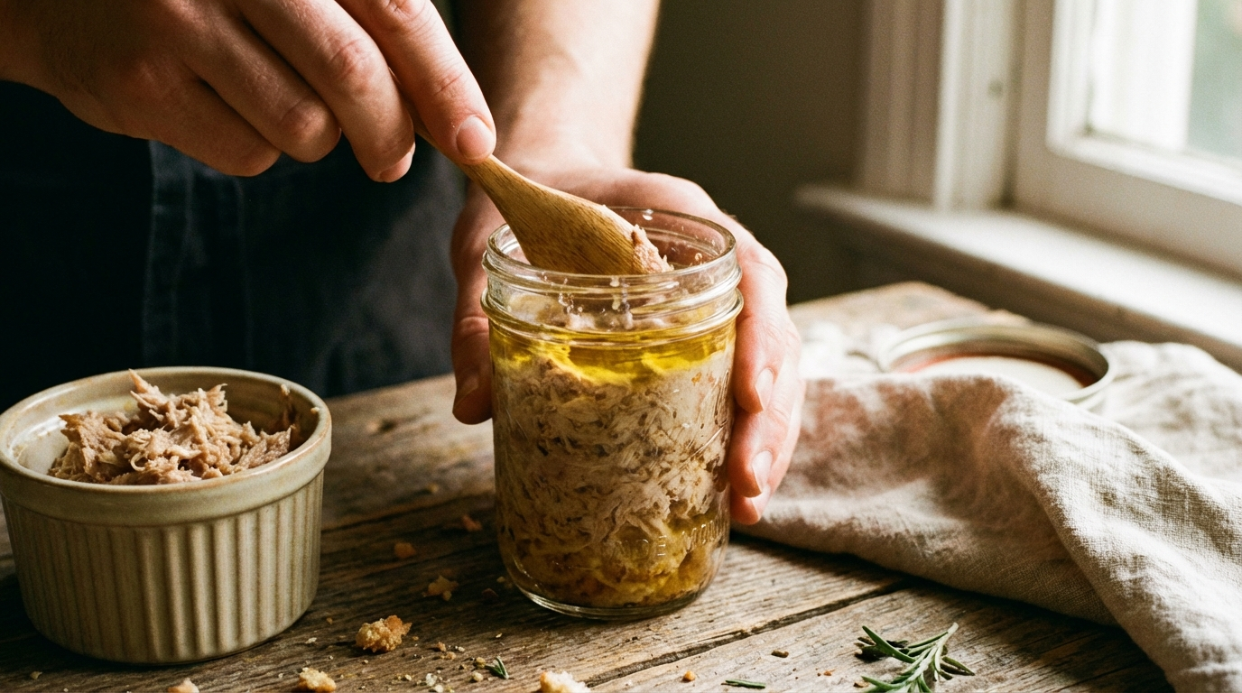 Glass jars and ceramic ramekins being filled with shredded pork rillettes, showing golden rendered fat layer forming on top