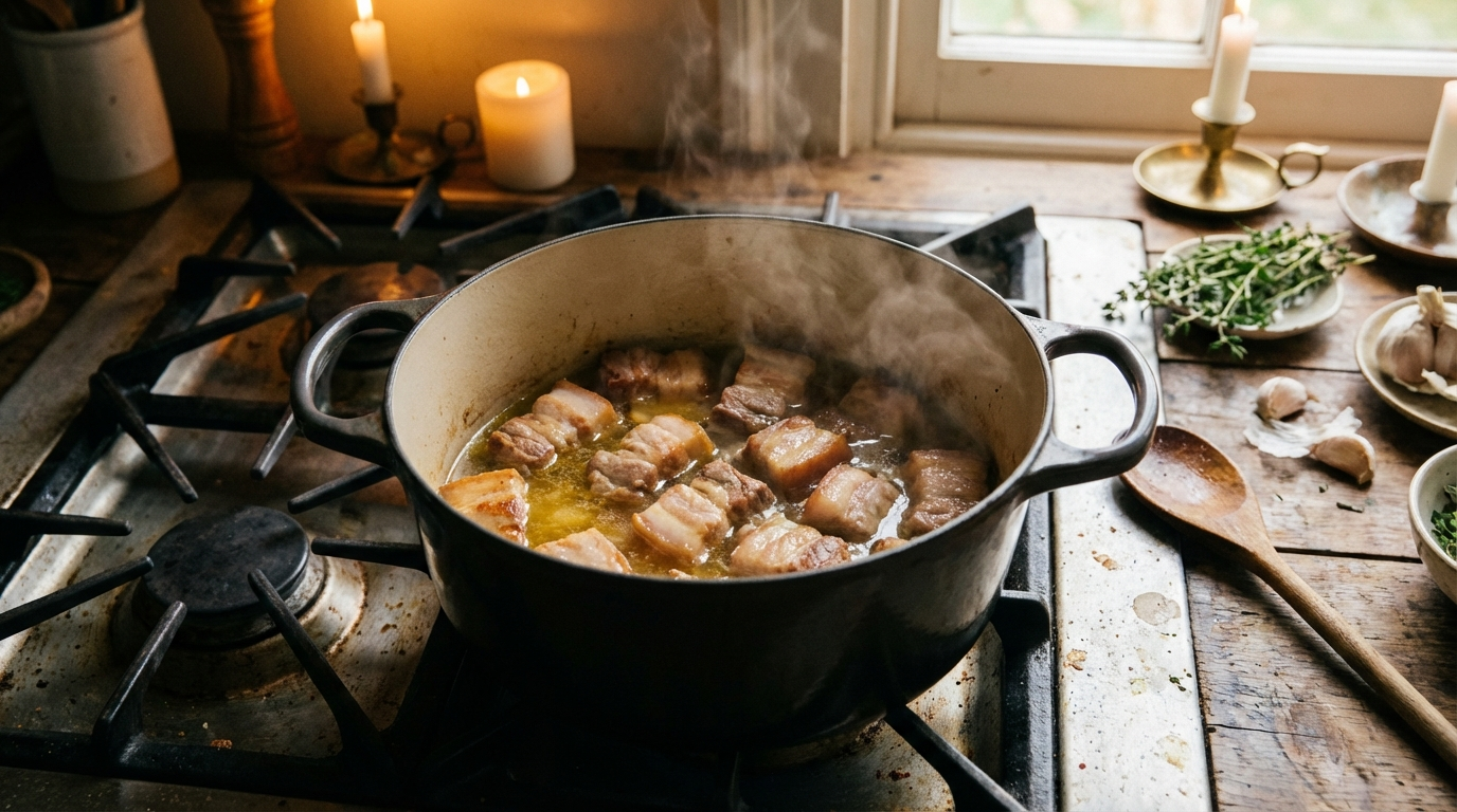A heavy Dutch oven with pork belly and shoulder pieces slowly braising in rendered fat, steam rising, on a stovetop