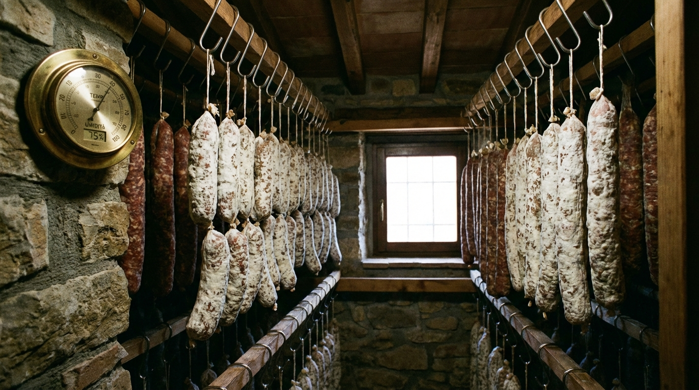 Soppressata links hanging in a curing chamber with white penicillin mold bloom on casings
