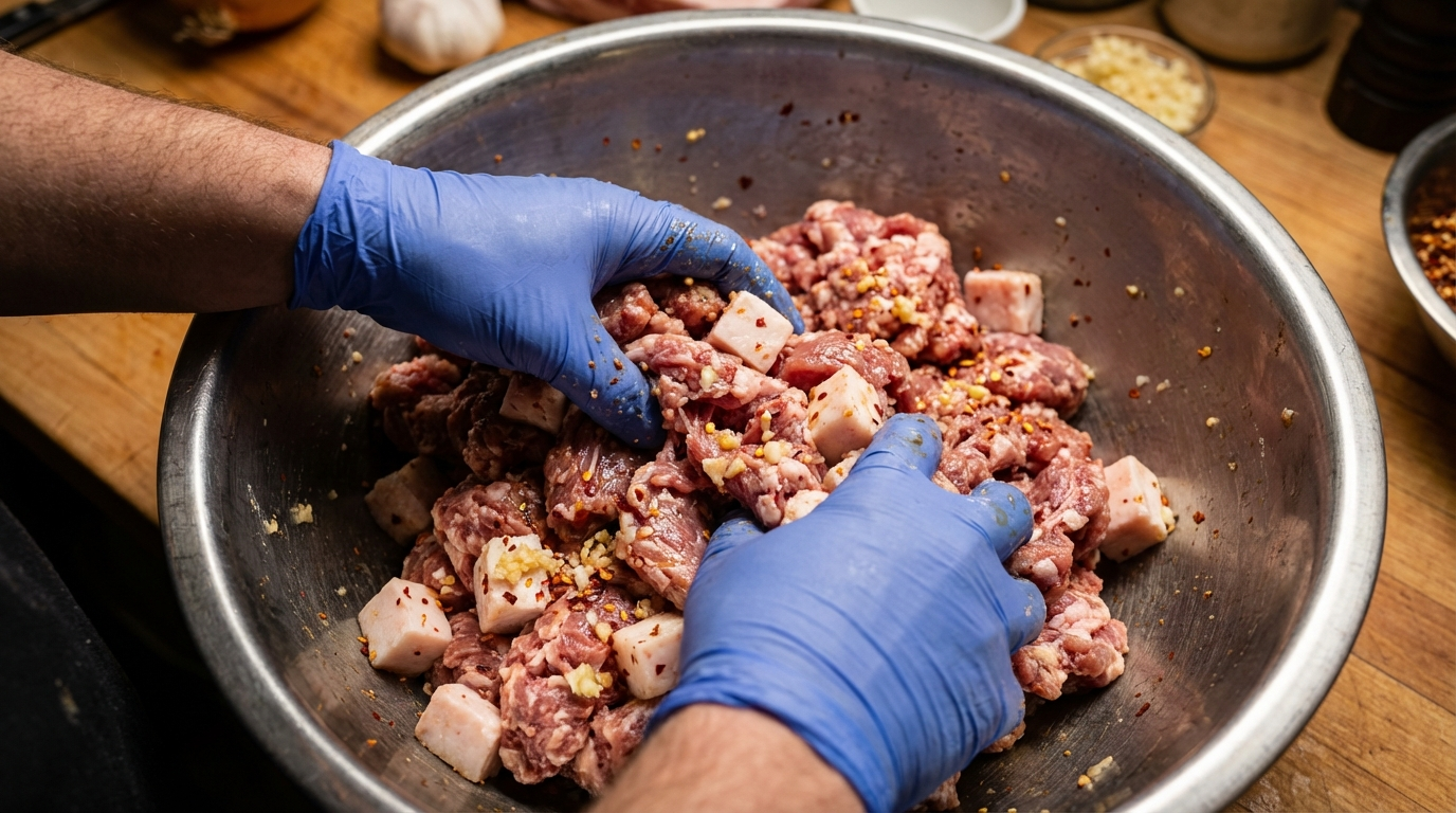 Coarse-ground pork shoulder with diced back fat and red pepper flakes in stainless steel mixing bowl